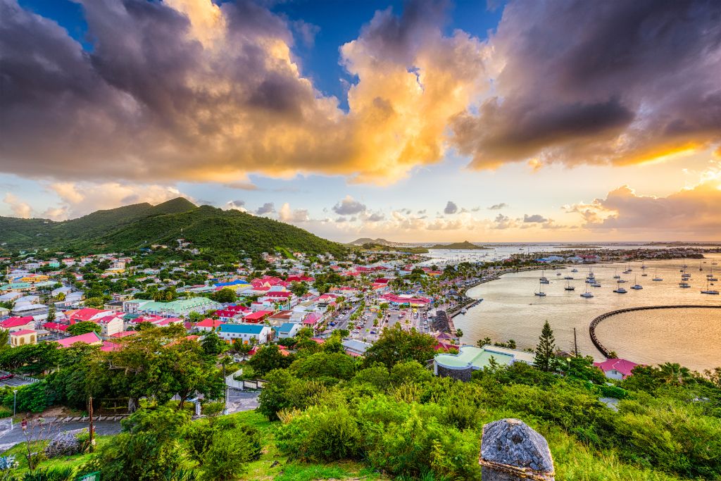 Philipsburg, Sint Maarten — aerial view of bay and coastline at sunset